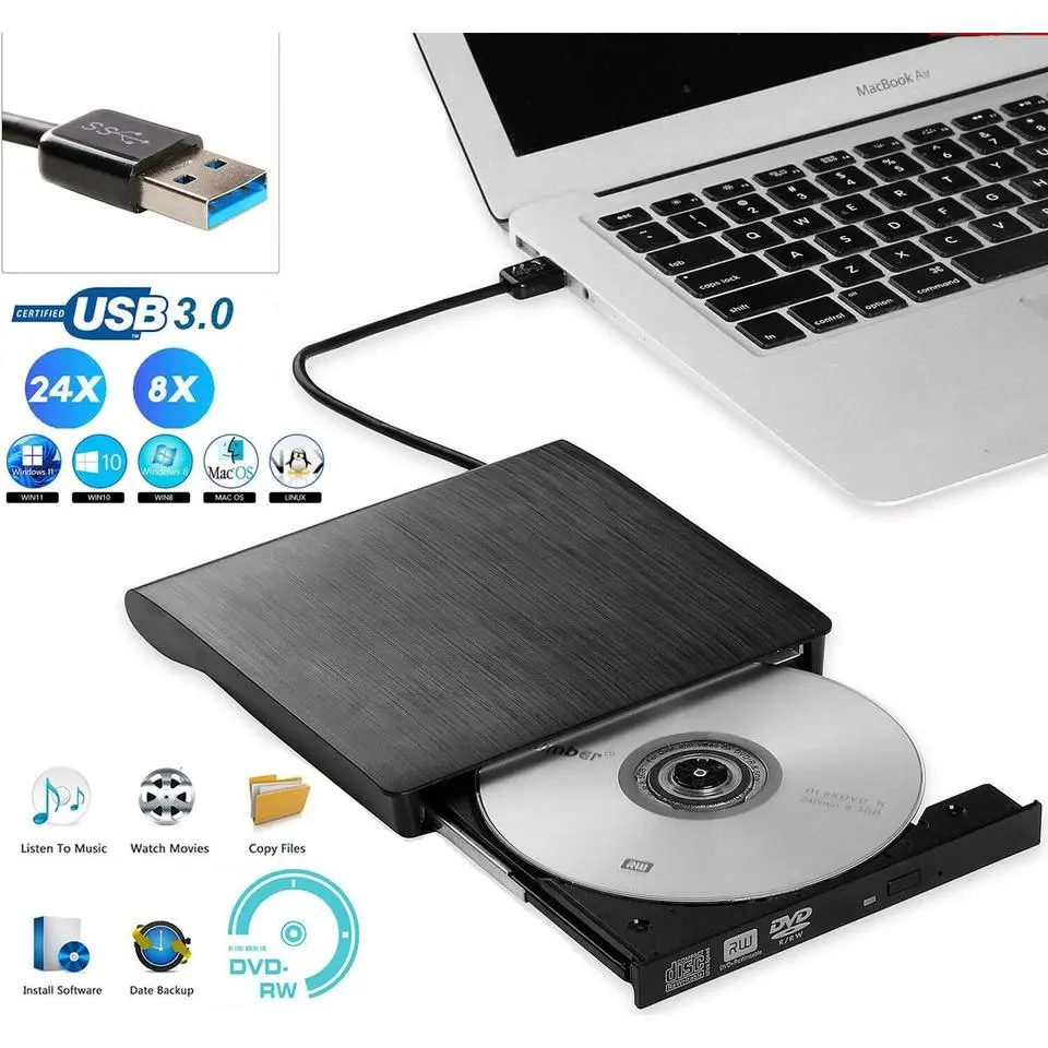 Portable External CD DVD RW Drive, USB Powered Disc Player & Burner, Embedded cable design, Forced Eject function, great for seniors, students and beginner users