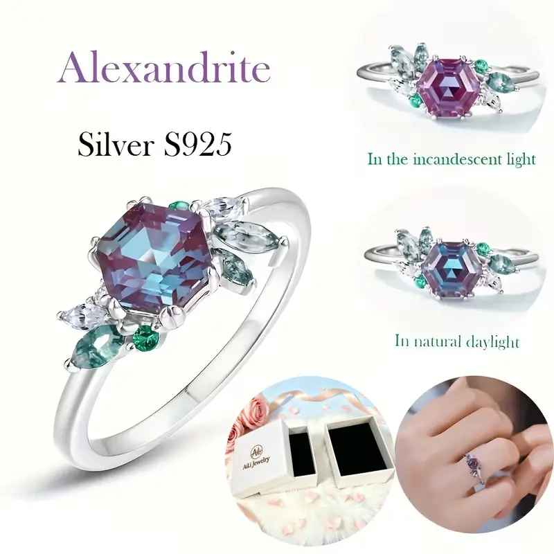 Luxury S925 Silver Ring for Women, 6x6mm Hexagonal Lab Created Alexandrite with Zircon Accents, Banquet Wear Jewelry Gift, Birthday, Fashion Accessory, Adults, Hexagon Stone, Female, 6*6Mm, Party