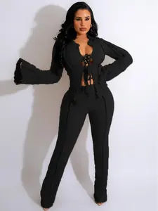 Two-Piece Set Women's Solid Tie Front Flounce Sleeve Blouse & Pants Set, Casual Fashion Cozy Top & Trousers for Daily Outdoor Wear, Ladies Clothes for All Seasons, Womenswear