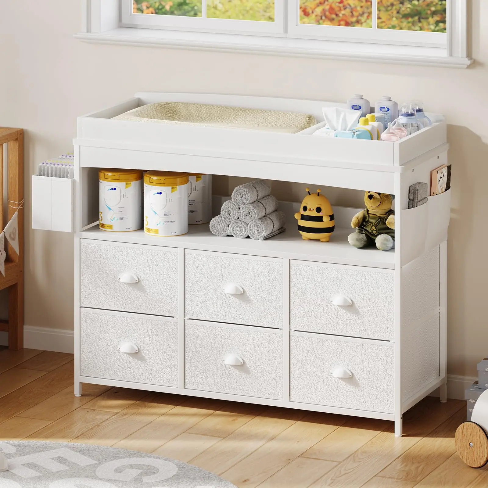 White Sturdy Wood & Engineered Wood Nursery Furniture Infant Changing Table Dresser - 6 Fabric Drawers, Changing Table Top, Storage Shelf, Modern Nursery Diaper Station