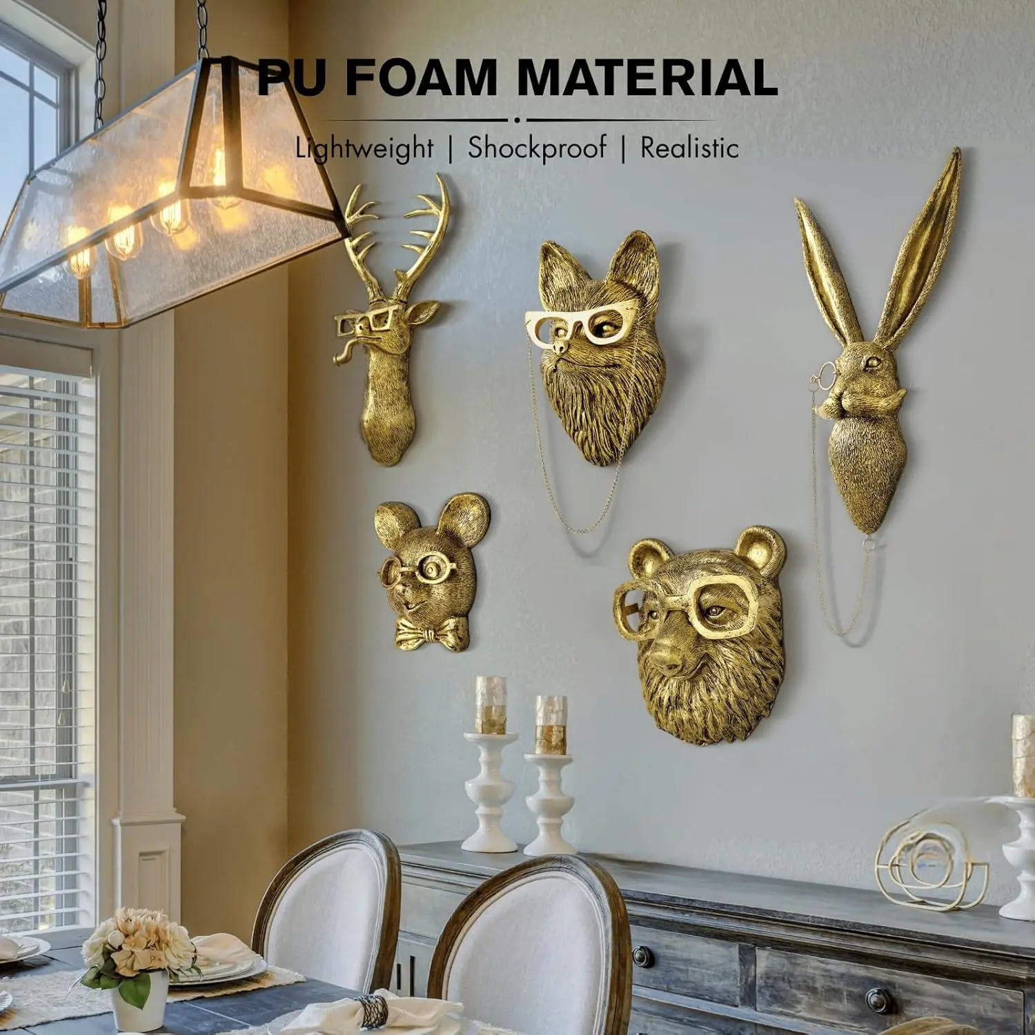 Vintage Gold Animal Wall Decor, Interior Wall Decor, wall hanging design, Luxury Style, Space Atmosphere Creation, Wearing Glasses, Hanging Chain Detail, Artificial Hanging, Home Decoration, Wall Ornaments, Animal Decorations