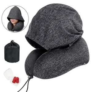 Hooded Travel Neck Pillow – All-in-One U-Shaped Memory Foam Pillow with Extra Large Hood, Eye Cover & Earplugs Airplane Long Flights Privacy and Comfort Skin-Friendly Cover for Road Trip Head&Neck Support for Plane Office Cars Sleeping & Rest