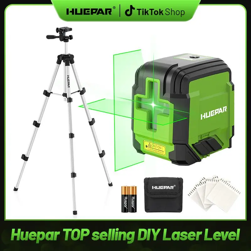 Huepar 98Ft Self-Leveling Laser Level, 360° Laser Level with Tripod, Accurate Green Cross Line Laser Level Tool with Batteries and Carrying Case for Hanging Pictures, Tiles, Indoor Construction Projects
