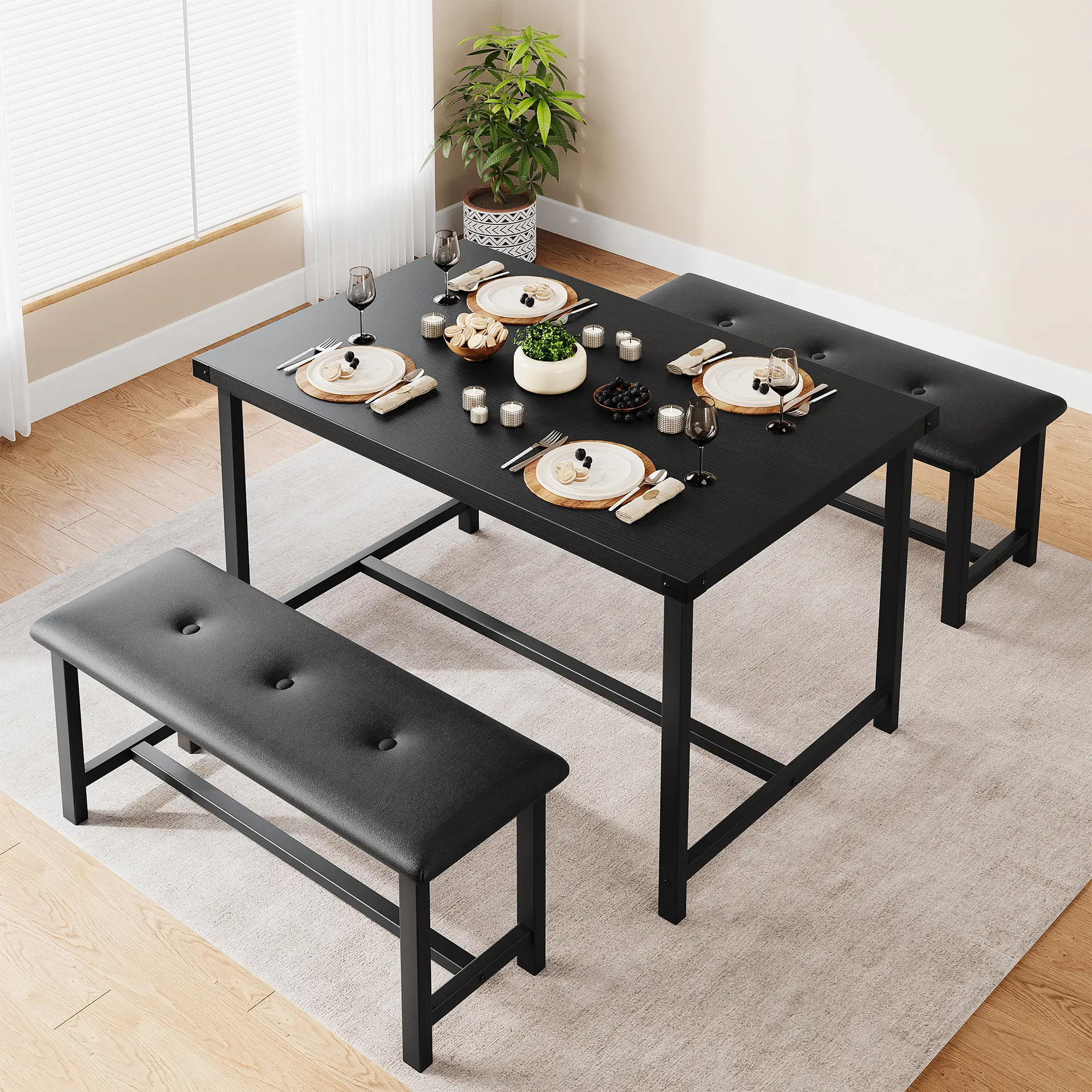 Fake thick industrial style dining table and chairs (black)