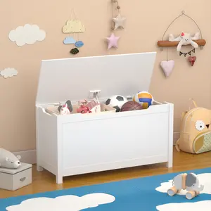 Toy Storage Chest with Safety Hinged Lid | Multi-Use Bench & Organizer for Playroom or Bedroom | Solid Wood Storage Box with Clean White Finish