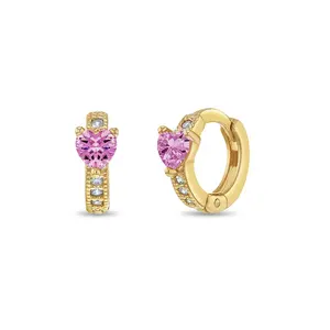 14k Gold Pink Cubic Zirconia Heart Kids / Children's / Girls Hoop Earrings