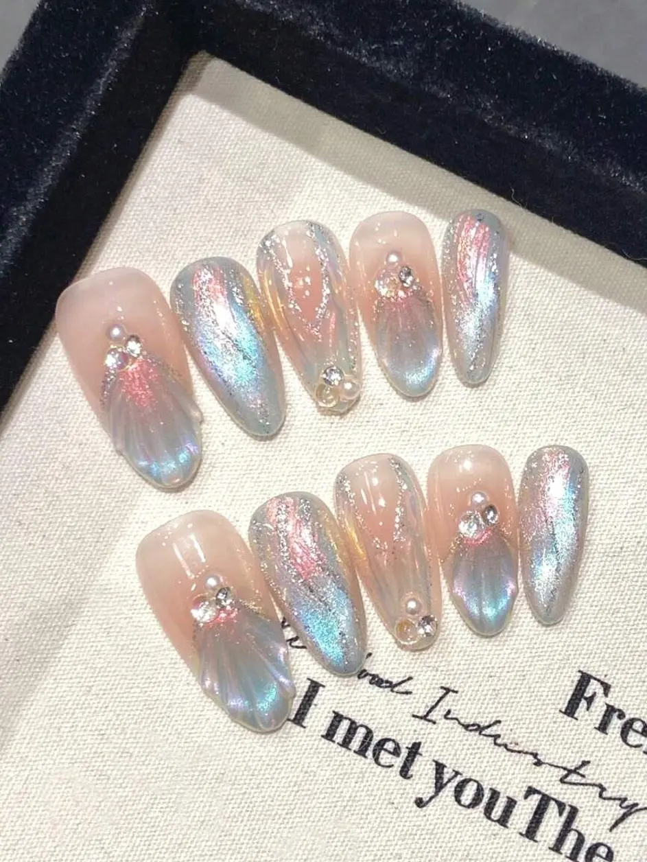Set Of 10 Oval Shaped Aurora Mermaid Style Elegant Artificial Nail Tips, Opalescent Glossy Finish, Handmade For Everyday Wear, Party & Date Press On Nails Nail Supplies Nails Handmade Press On Nails