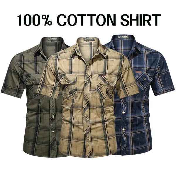 Men's 100% Cotton Plaid Shirt, Classic Short-Sleeve Menswear Garment with a Slim Straight Fit and Dual Pockets, Ideal for Casual Wear with Jeans, Cargo, Tops, Print, Shortsleeve