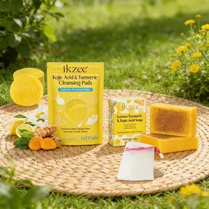 ikzee Lemon Turmeric Kojic Acid 3-Piece Facial Set - 60 Turmeric Cleanser Cleansing Pads & 2×100g Soap Bars, Exfoliating Oil-Control Skin Care for Oily Acne-Prone Skin