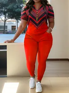 Plus Size - Large Size Stripe Print Two-piece Set, Round Neck Long Sleeve Top And Straight-leg Pants, Women'S Large Size Clothing