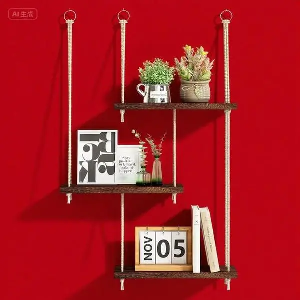 3-Tier Rustic Wooden Floating Shelf - Boho Ropes Hanging Wall Mount Organizer, Dark Brown Natural Finish, Space-Saving Collectible Figures Storage for Home Bedroom (Easy Installation Included)
