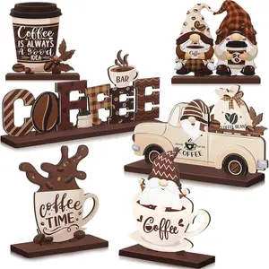 Coffee Bar Decorative Sign, 6 Counts/set Wooden Coffee Bar Decoration, Coffee Themed Desktop Decoration Sign, Home Decor for Coffee Shop, Desk Signs Ornament