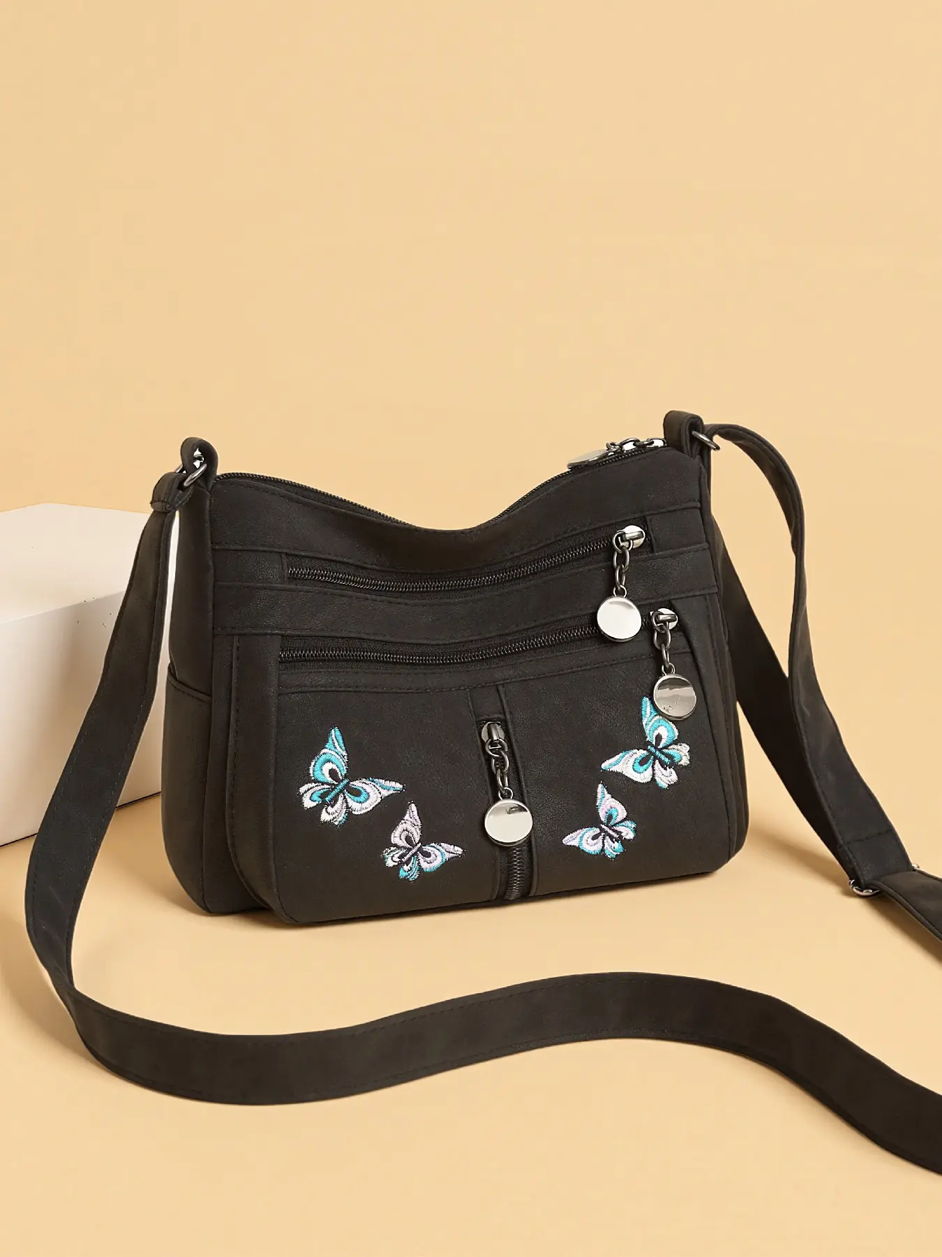 Retro casual embroidered butterfly pattern single-shoulder crossbody bag, Casual Crossbody Bags, fashionable ethnic style multi-zipper easy-to-match daily commuter sling bag, Casual Zipper Purse