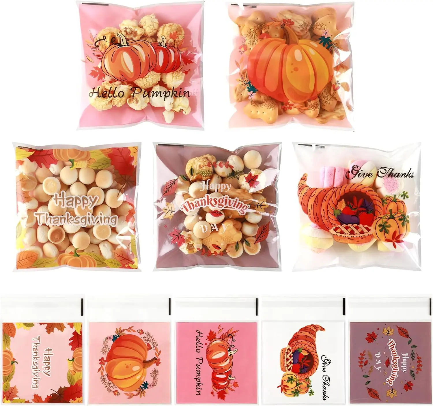 Fall Thanksgiving Cellophane Treat Bags, 100 Pcs Self Adhesive Thanksgiving Gift Cookie Bags, Plastic Pumpkin Candy Snack Goodie Ziplock Bag Bulk for Fall Thanksgivings Autumn Party Favors Supplies
