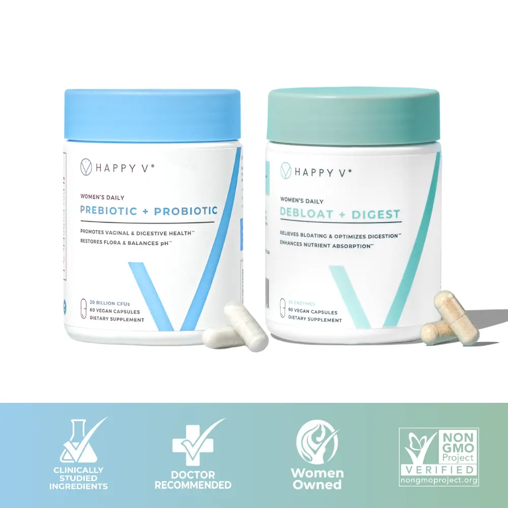Happy V Bloat Buster Kit: Women's Prebiotic + Probiotic & Debloat + Digest, 23 Digestive Enzymes Microbiome Flora Support