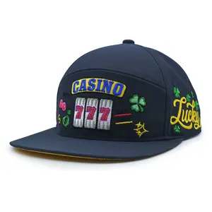 Lucky 777 Casino Embroidered Snapback Hat, Navy Streetwear Flat Brim Cap