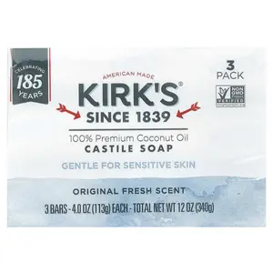 Kirk's 100% Premium Coconut Oil Castile Bar Soap, Original Fresh, 3 Bars, 4 oz (113 g) Each