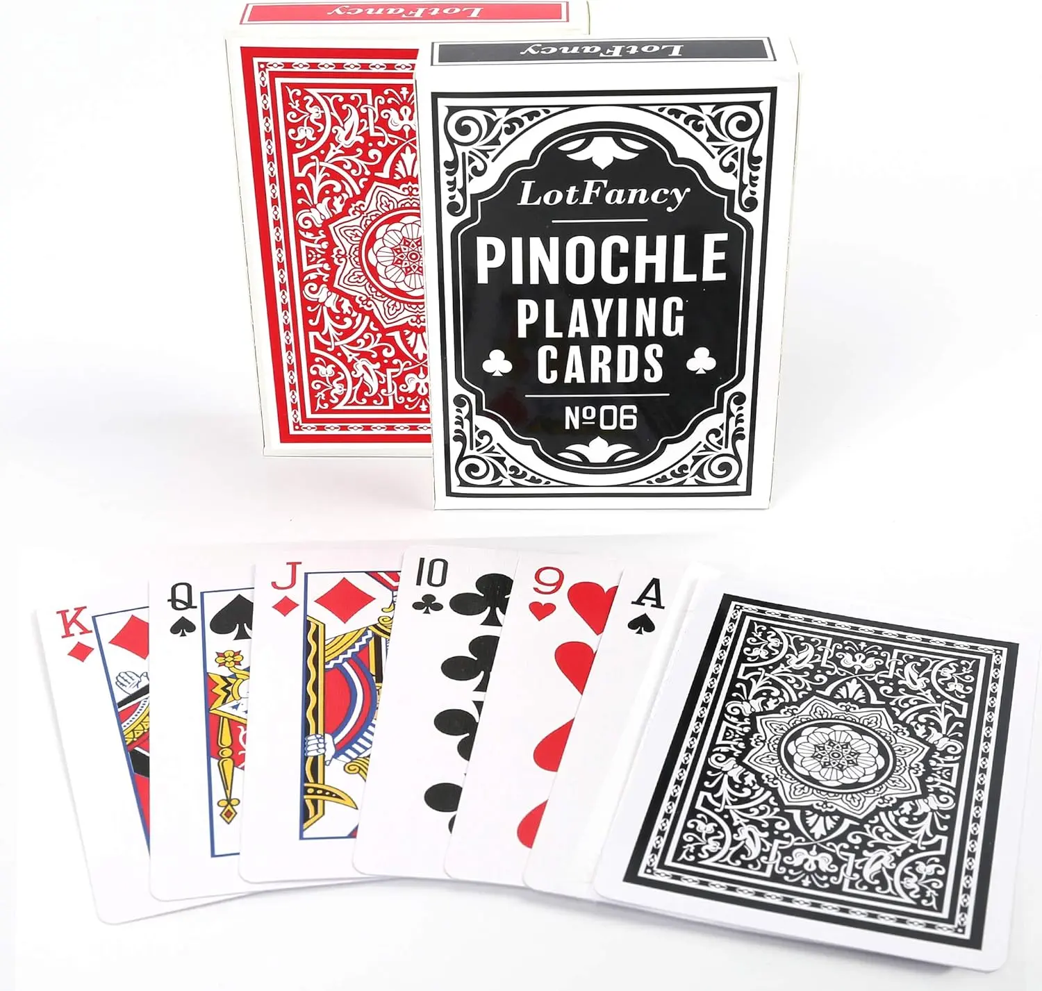 LotFancy Pinochle Playing Cards, 2 Decks of Cards, Black and Red, Special 48 Card Deck