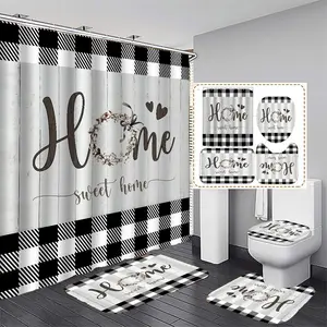 Bathroom Set 4pcs Plaid Letter Pattern Modern Non-slip Including Bath Curtain Toilet Lid Mat Bath Mat Bathroom Supplies Home Goods Decoration Accessories