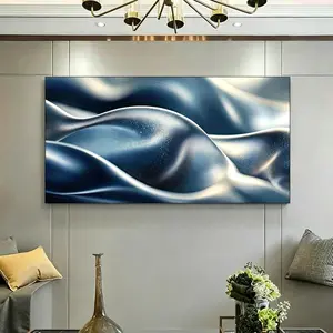 1 Piece Framed Canvas Painting, Modern Abstract Flowing Metal Blue Canvas Wall Art, High Quality Wrapped Canvas Print for Living Room, Bedroom, Office Decoration - Modern Home Decor, Bedroom Art |   Metal Finishing, Room Decoration