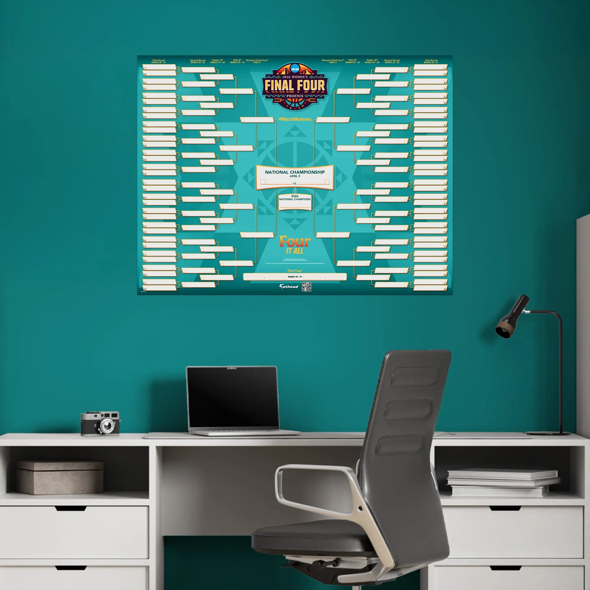 2026 Official NCAA March Madness Women's Basketball Tournament Smooth Dry-Erase Bracket Decor - Stain-Resistant Reusable Easy-Remove Vinyl Wall Stickers & Murals for Adults, Room Decor, Most Smooth Surfaces