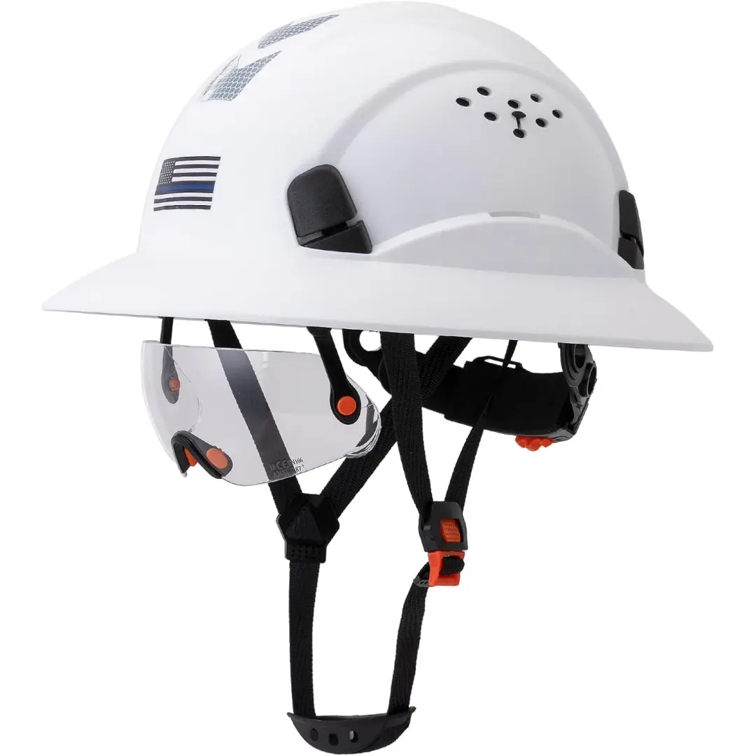Full Brim Safety Helmet - New Hard Hat Design, 1.2 lbs, 13x10x7 in, Construction Gear with Cooling Vents, Adjustable Ratchet Fit, Chin Strap, Reflective Safety Helmet for Outdoor Industrial Work Protection & Durability