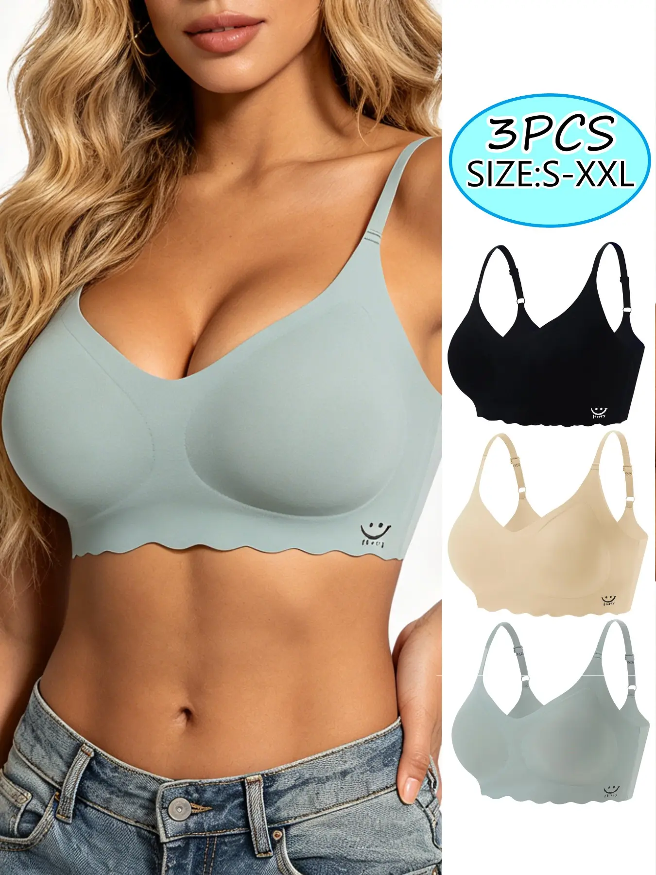 3pcs Women's Small Size Seamless Adjustable Smooth Bra Underwear. Wireless but supportive, push up and slimming, no empty cups or shifting. Suitable for everyday, daily, casual, home and sleeping wear, versatile and comfortable. Lined Wireless Bras