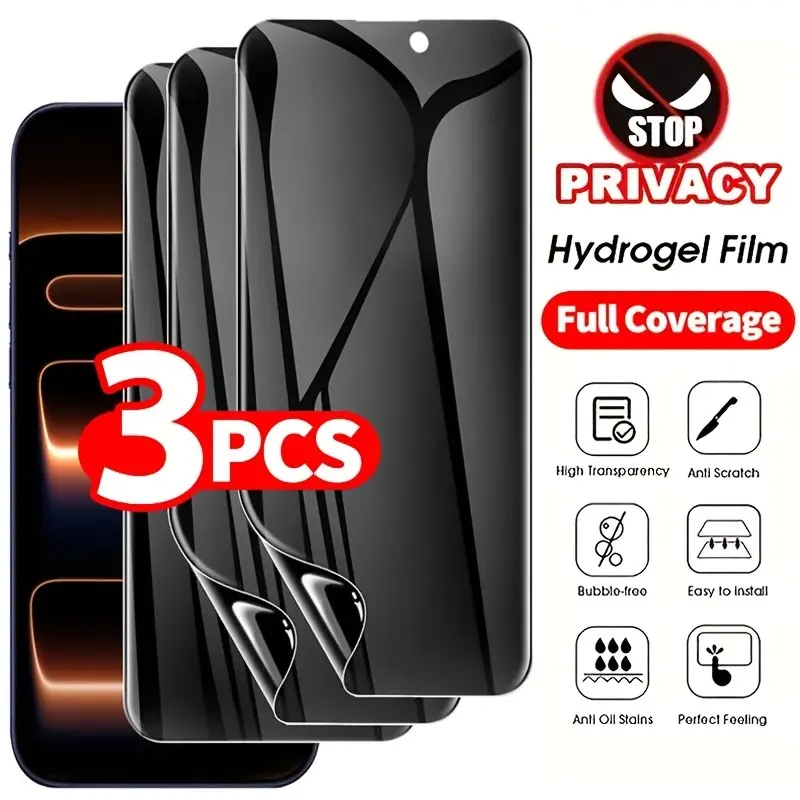 3 Pieces Anti Spy Protective Full Coverage Hydrogel Film For iPhone 17/17 Pro Max/17 Pro/Air/16/16 Pro/16e/15/15 Pro Max/14/Plus/13/12/11/Pro/Max Screen Protector On iPhone X/XS/XS MAX/XR Soft Privacy Hydrogel Screen Protector Film Accessories