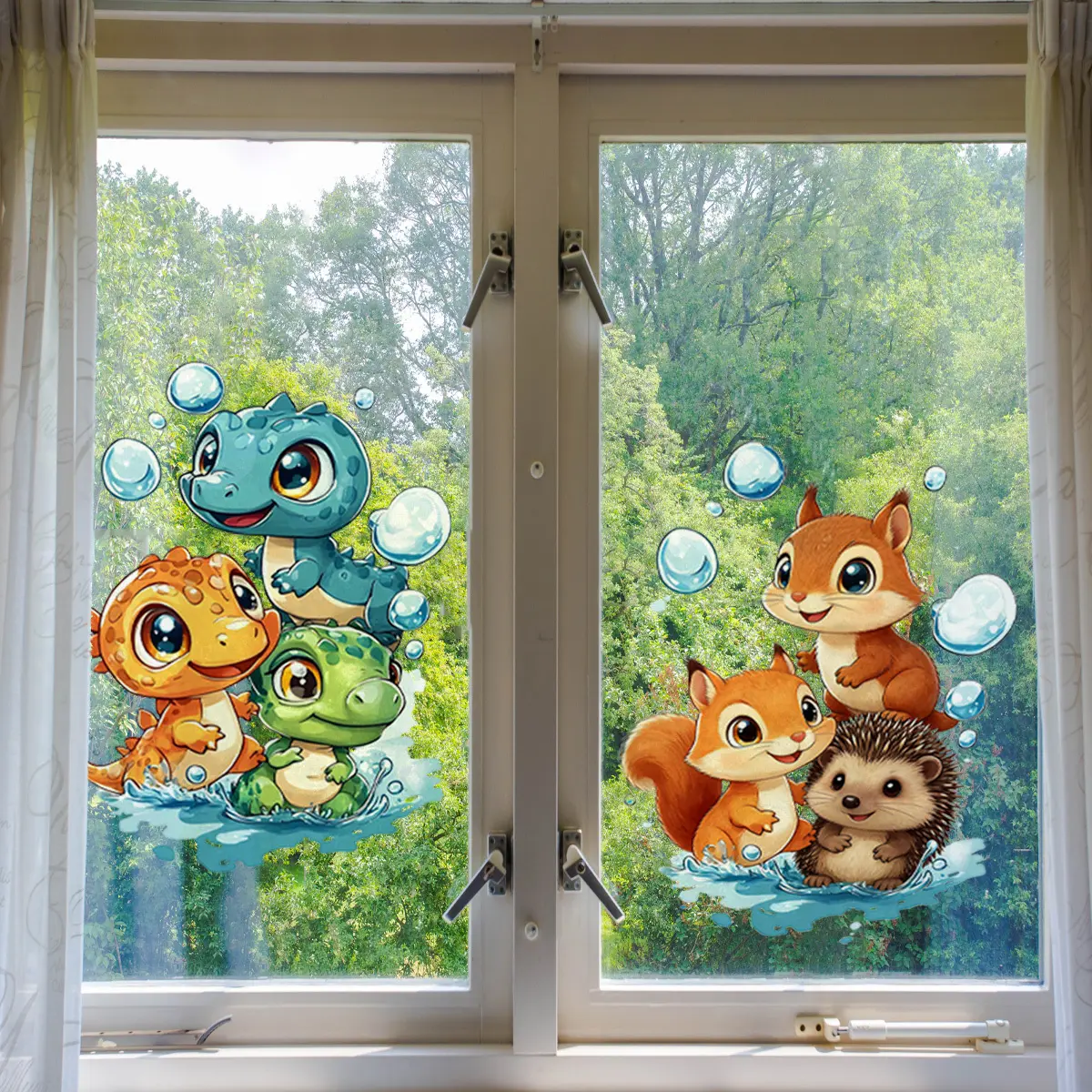 A set (30*40cm*2pcs) fox & hedgehog playing by the water design static cling sticker for window and home beautification and decoration Removable Window Decal