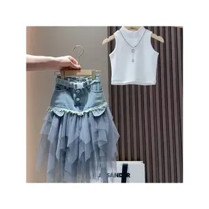 Z Girls' Spring Summer New Set 2026 Korean Version Girl Tank Top Mesh Splicing Denim Skirt Set, Perfect for Outdoor