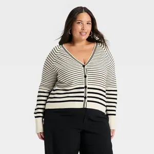 Women's Long Sleeve V-Neck Cardigan - A New Day™ Cream Striped XXL