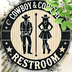 Aluminum Western Cowboy Restroom Sign 1pc 8x8 Inch 2D Flat Round Black White Decor Bathroom Decorations for Home Bar Cafe Wall Signage