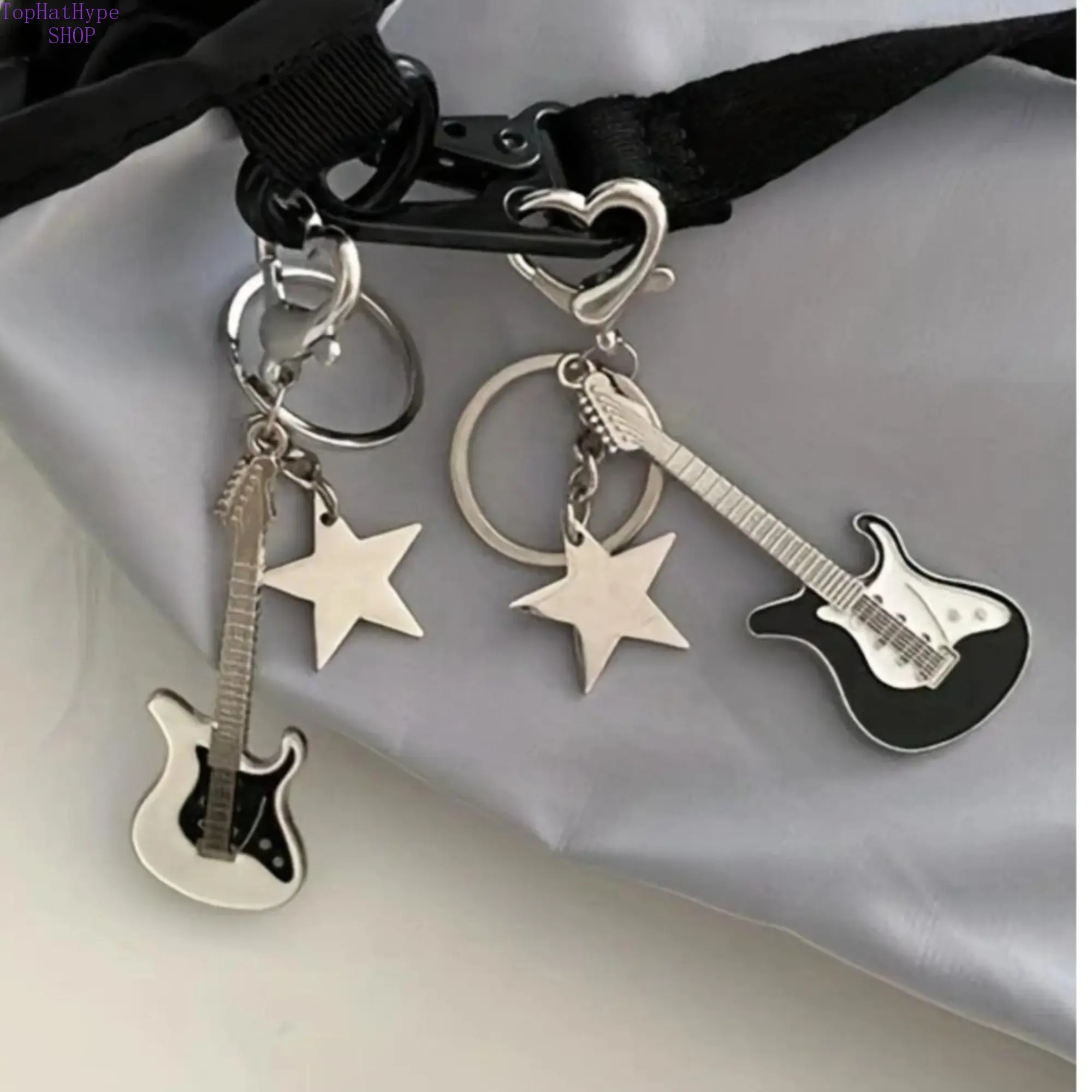 Decorative Charm Keychains with Stylish Key Charms, Cute Collectibles, Metal Guitar & Star Pendants with Heart Cutout, Multicolor Music Lover Gift for Girlfriend’s Birthday