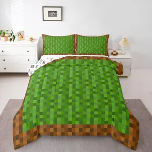 Gaming Checkered Comforter Set,Pixelated Miners Gamer Bedding Set,for Teen Boys Kids Abstract Video Game Plaid Comforter Green Brown Grids Quilt Duvet
