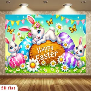 1PC 2D Flat Polyester Reusable Photo Backdrop - Cute Bunny & Egg-Themed Party Decoration Supplies, Kids' Birthday & Easter Festive Indoor/Outdoor Home Tapestry