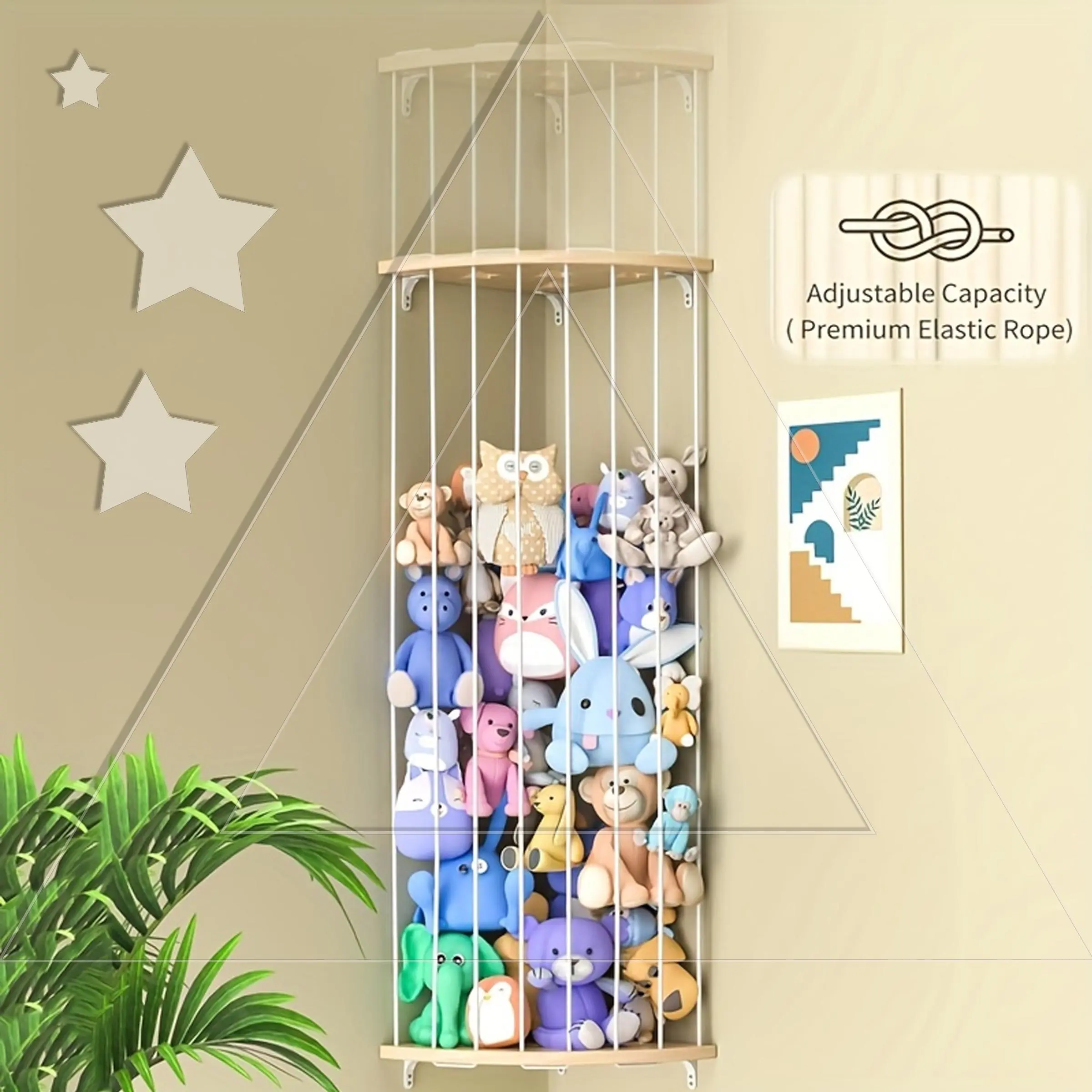 Adjustable-Height Space Saving Design Plush Animal Toy Storage Rack, Cute Hanging Wall and Corner Animal Storage Rack for Living Room and Bedroom, Wall-Mounted Organizer, Wall Shelf Unit, Wooden Wall Rack