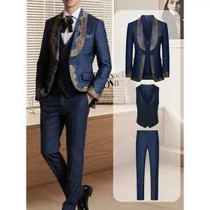 Menswear LongSleeve Luxury Apple Collar Rhinestone 3-Piece Suit ,Blazer Vest Pants  Men's Elegant Tuxedo for Wedding, Host , Performance ,Men's Romantic Valentine's Day Date