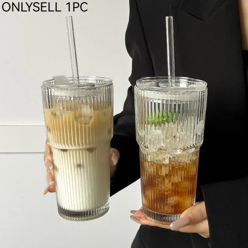 Glass Cup with Straw & Lid, Premium Thickened Glass Cup, Durable Glass Cup, 1 Count Portable Large Capacity Drinking Cup, Drinking Glasses, Fashionable Drinkware for Home & Office & Outdoor, Summer Cool Bottle, Cup with Lid and Straw
