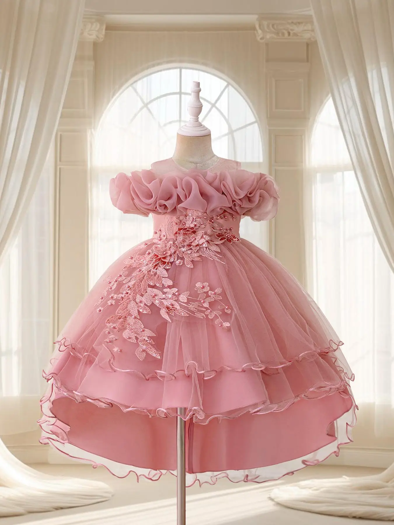 Girl's Floral Embroidery Layered Tulle Formal Dress, Elegant Party Dress for Performance Show Wear, Kids Clothes for All Seasons