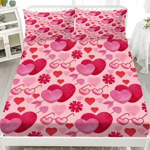 3pcs Bedding Set (1 Fitted Sheet + 2 Pillowcases), Heart Glasses Arrow Pattern, Breathable Polyester Fiber, All Seasons