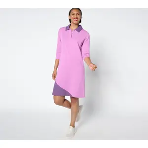 Sport Savvy Petite 3/4 Slv Pieced Stripe French Terry Collared Dress