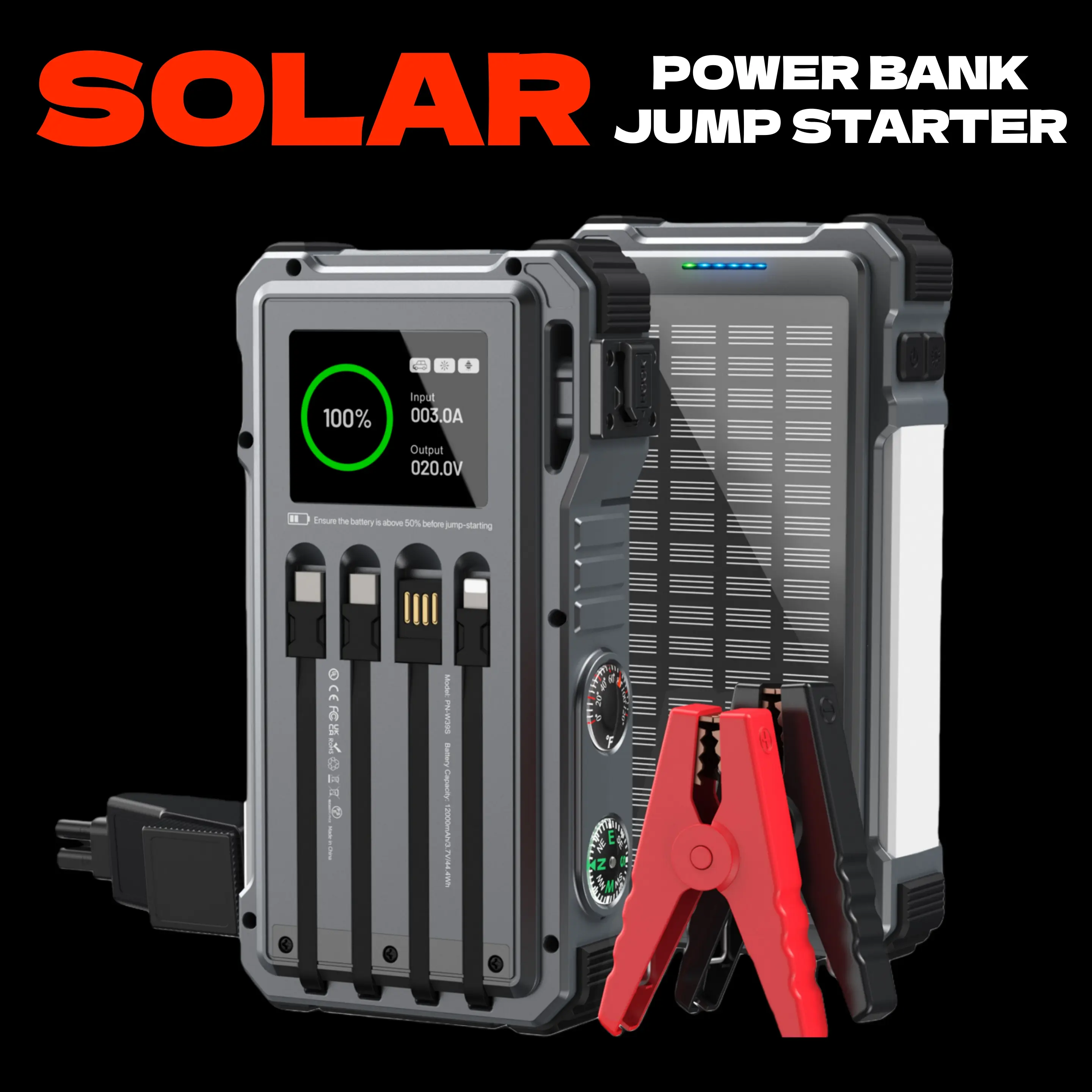UUKTO 44400 mWh Solar Charger Power Bank 45 Watts Fast Charging Power Bank Bank Built in 4 Cables 7 Outputs  for All Mobile Devices, Winter savior Portable Car Jump Starter, Emergency Car Battery Jump Starter tiktokshopbacktoschool