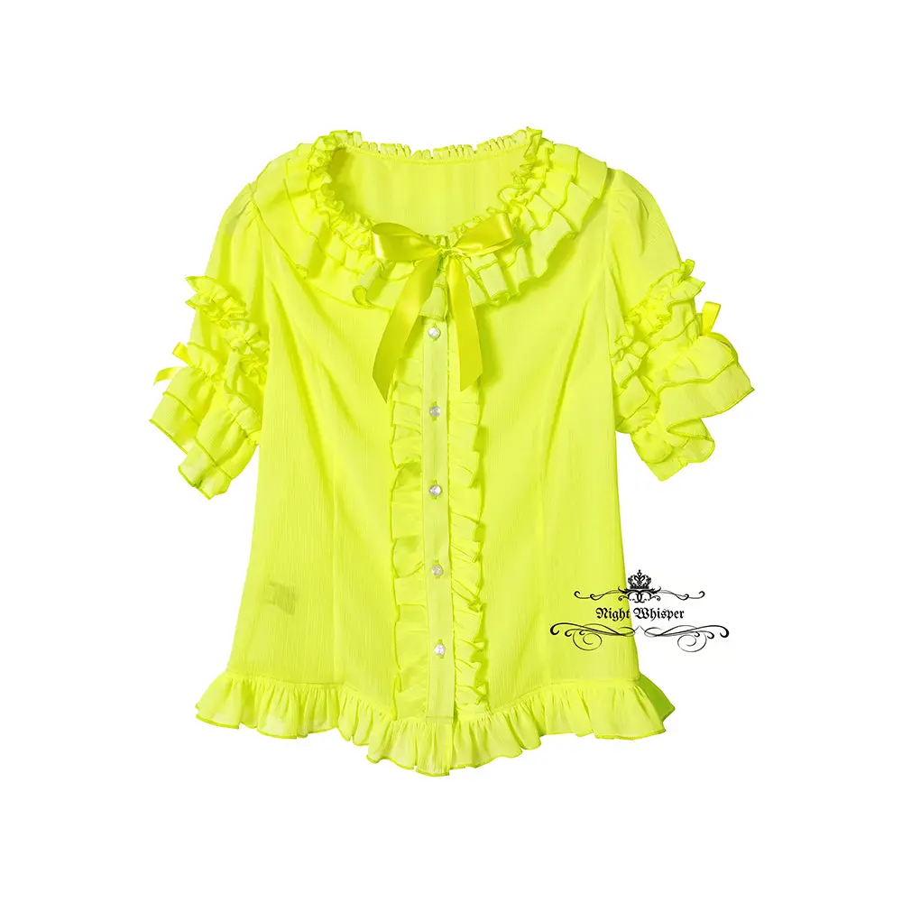 Button Down Chiffon Light Blouse - Neon Yellow