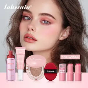 5 Counts Pink Makeup Kit Set with Hydrating Primer, Cushion Foundation, Glow Blushes, Matte Setting Spray, Full Face Coverage, Long-Lasting, Buildable, Moisturizing & Hydrate for Flawless Daily Wear, Perfect for Beginners