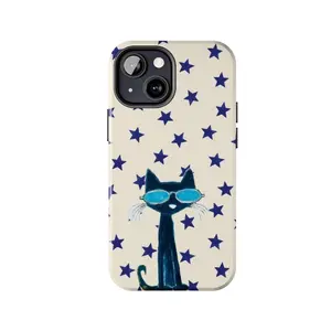 Trendy Pete The Cat Phone Cases, Retro Artistic Cat Cartoon Aesthetic, Y2K Vintage Art iPhone, Samsung, Cool Blue Cat Guitar, Gift For Cat Lovers