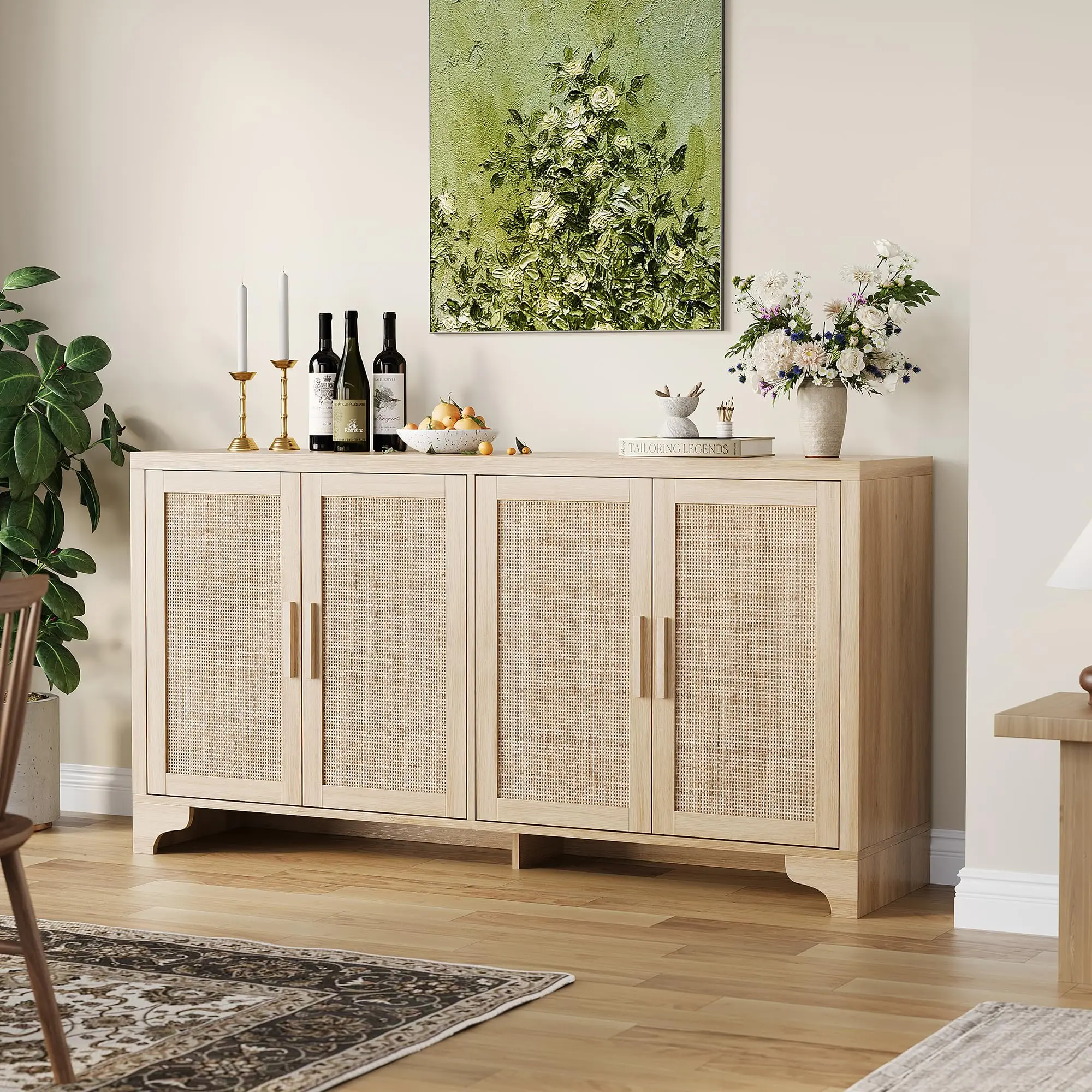 Natural Rattan Storage Cabinet with Shelves, 4-Door Sideboard Buffet Cabinet, Boho TV Stand Console Table for Living Room, Entryway, Dinning Room
