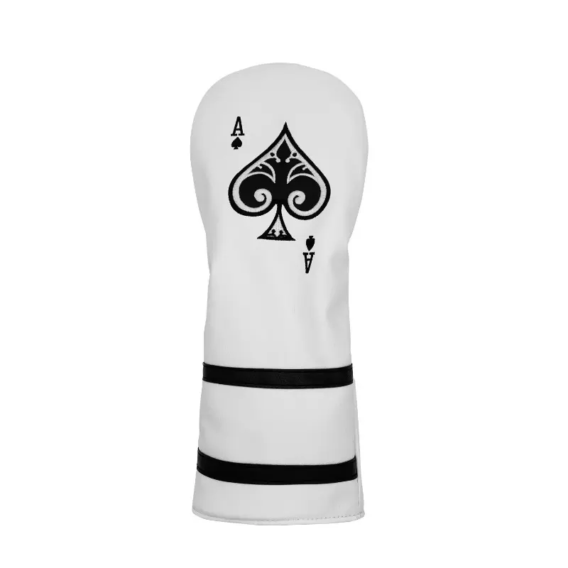 Golf club headcovers with Ace of Spades poker element, striking black and white color scheme, suitable for multiple sizes, trendy golf accessories, Golf Gear, Golf Supply, Golf Gift Accessory