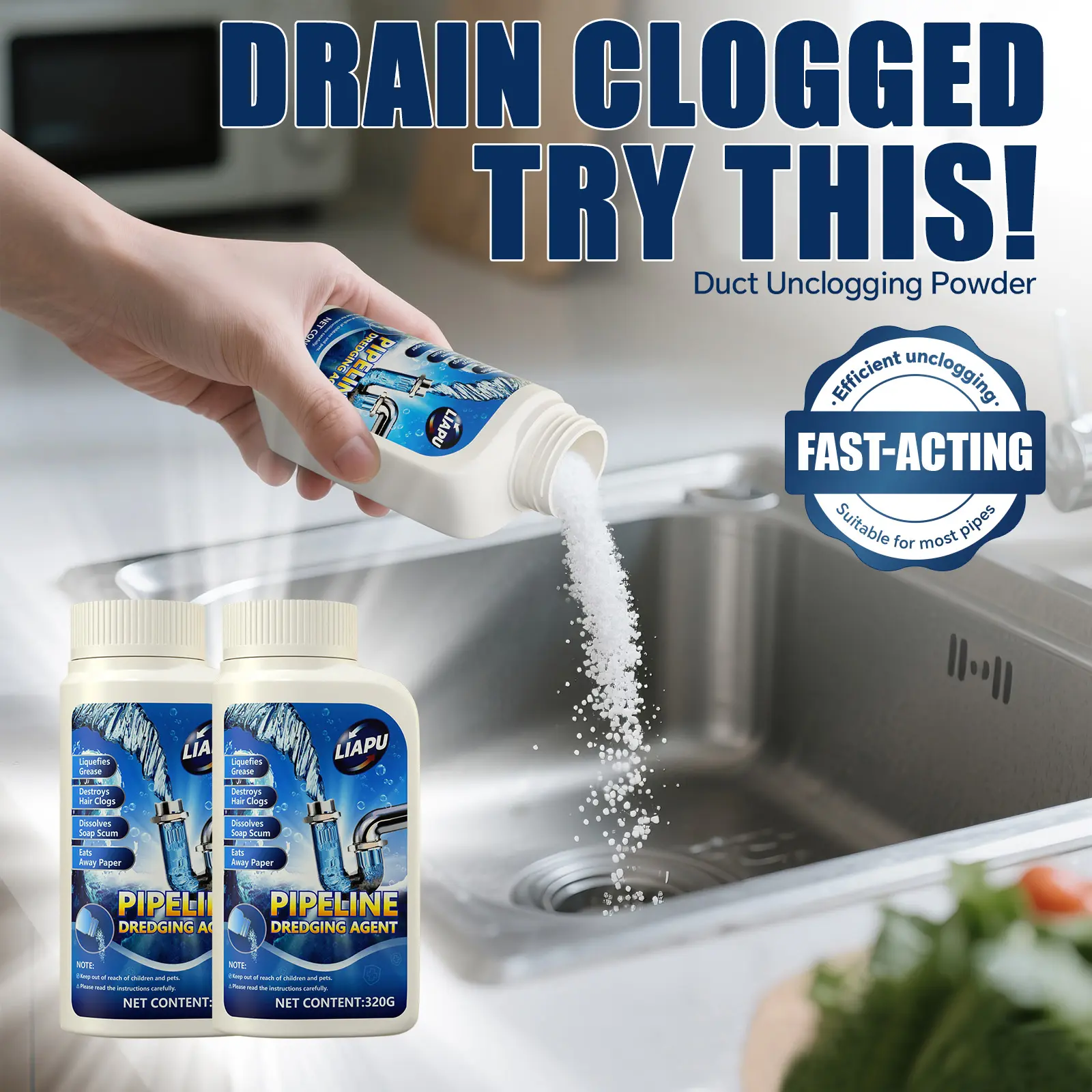 LIAPU Drain Cleaner Powder, Powerful Clog Remover for Hair, Grease & Food Buildup, Fast-Acting Pipe Cleaner for Kitchen Sink, Bathroom, Shower & Floor Drains