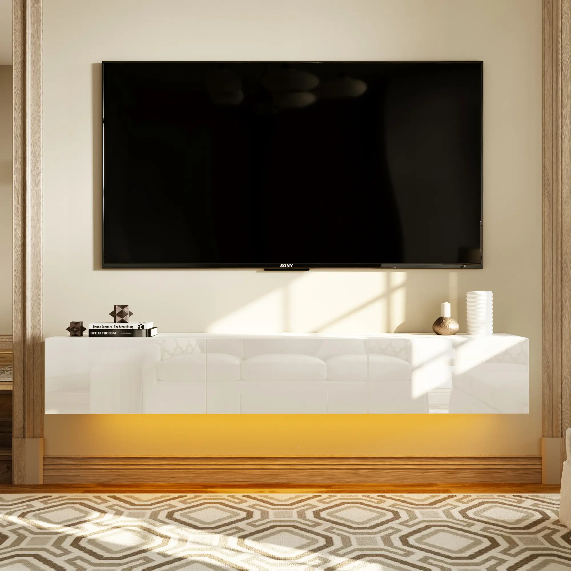 FUFU&GAGA NEW Floating LED TV Stand for TVs up to 70", Wall Mounted Wood Media Console with Glossy Surface & 44 Color LED Lights, Tv Console Table, Modern Tv Console
