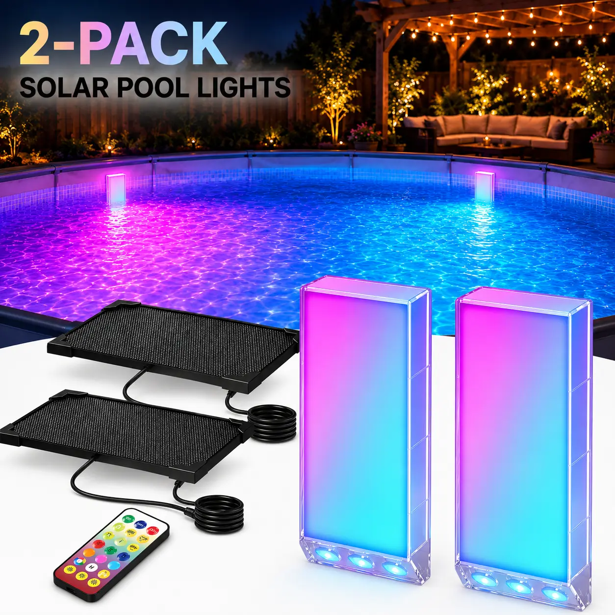 2pc Solar Pool Lights for Inground & Above Ground Pools, 38 LED Magnetic Underwater Lights with Remote, Timer, RGB Gradient Colors, IP68 Waterproof Solar Powered Pool Lights with Soft Non-Glare Glow